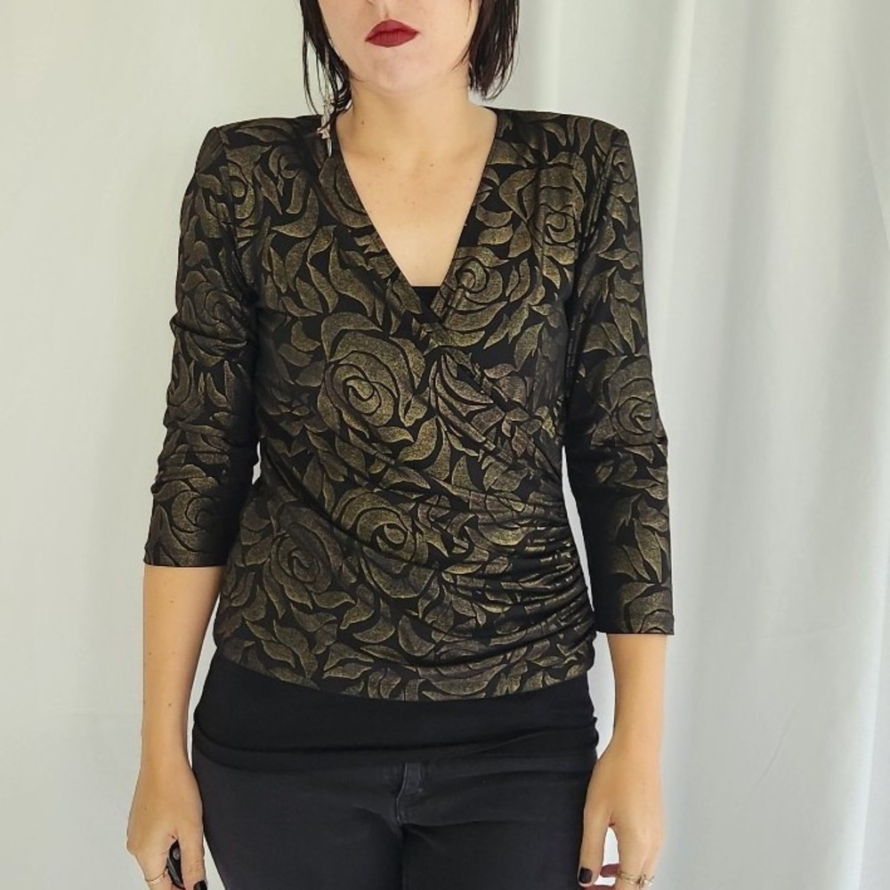 90s Black and Gold Rose‎ Print Top